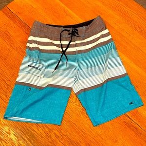 O’Neill Board shorts, men’s 28W, 21” outseam, 10” inseam, blue, what, and gray